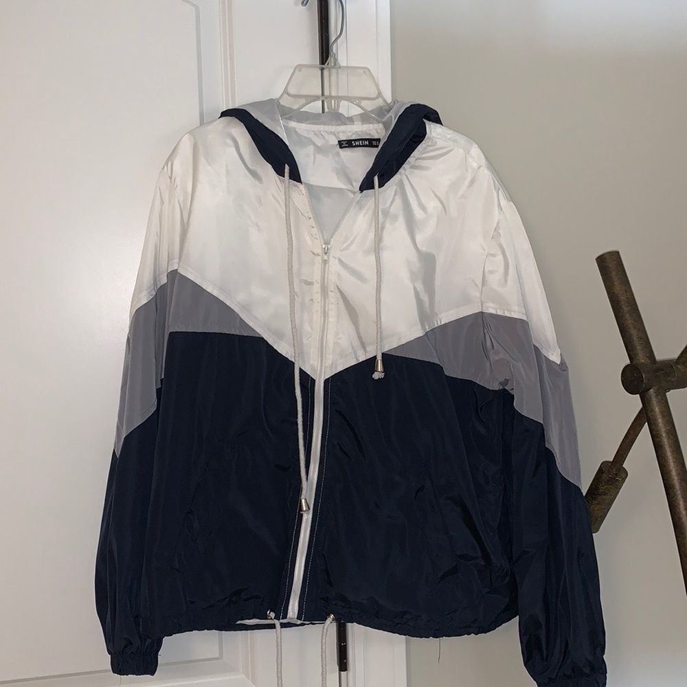 SHEIN Drawstring Colorblock Wind Jacket (White, Blue, Grey) Size Medium